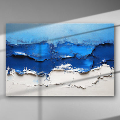 Abstract seascape painting with blue waves and white sandy texture on canvas.