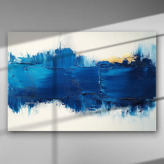 Abstract painting with bold blue and gold brushstrokes on canvas.