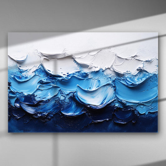Abstract waves in white and blue hues on a canvas painting.