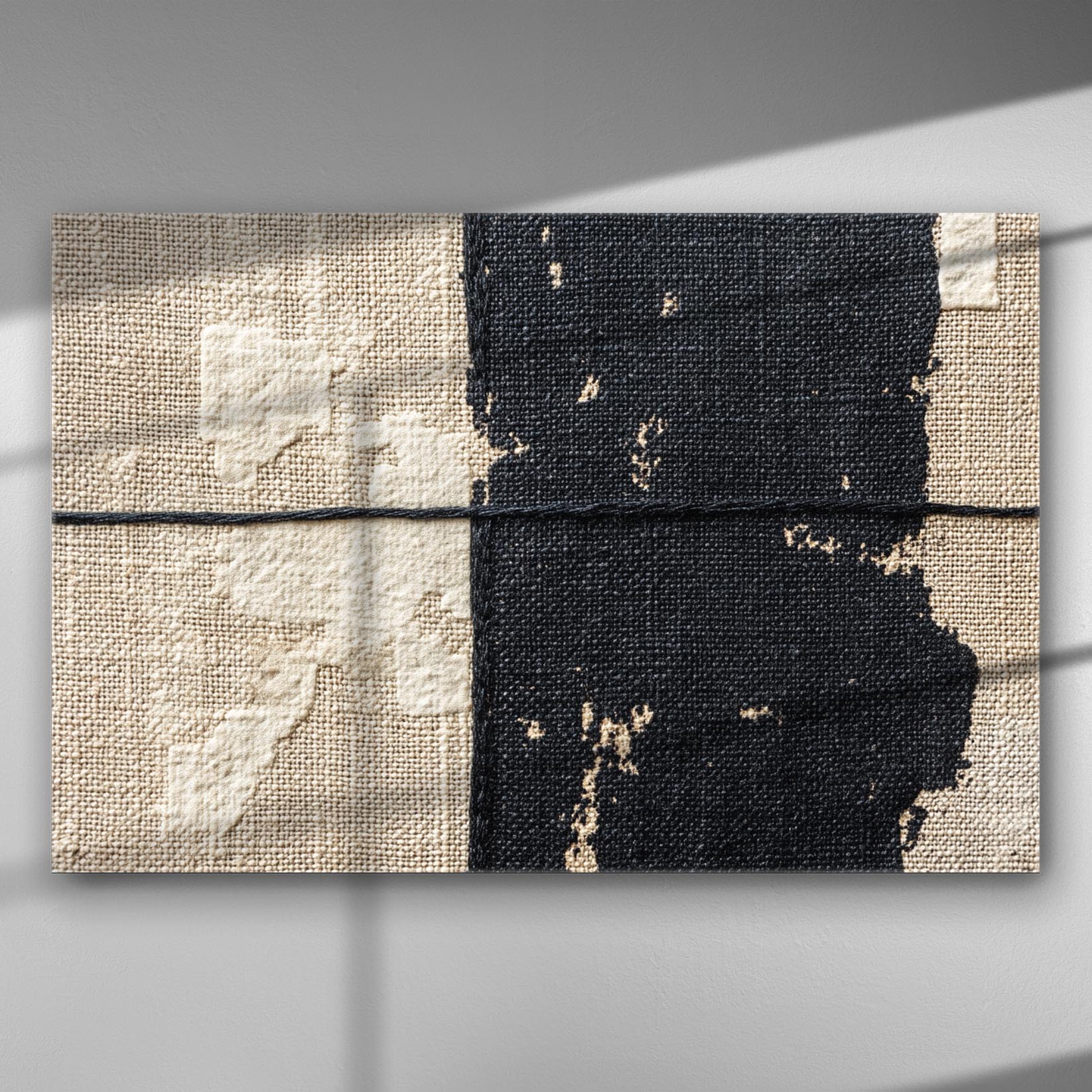 Abstract black and white canvas with linen texture and geometric pattern.