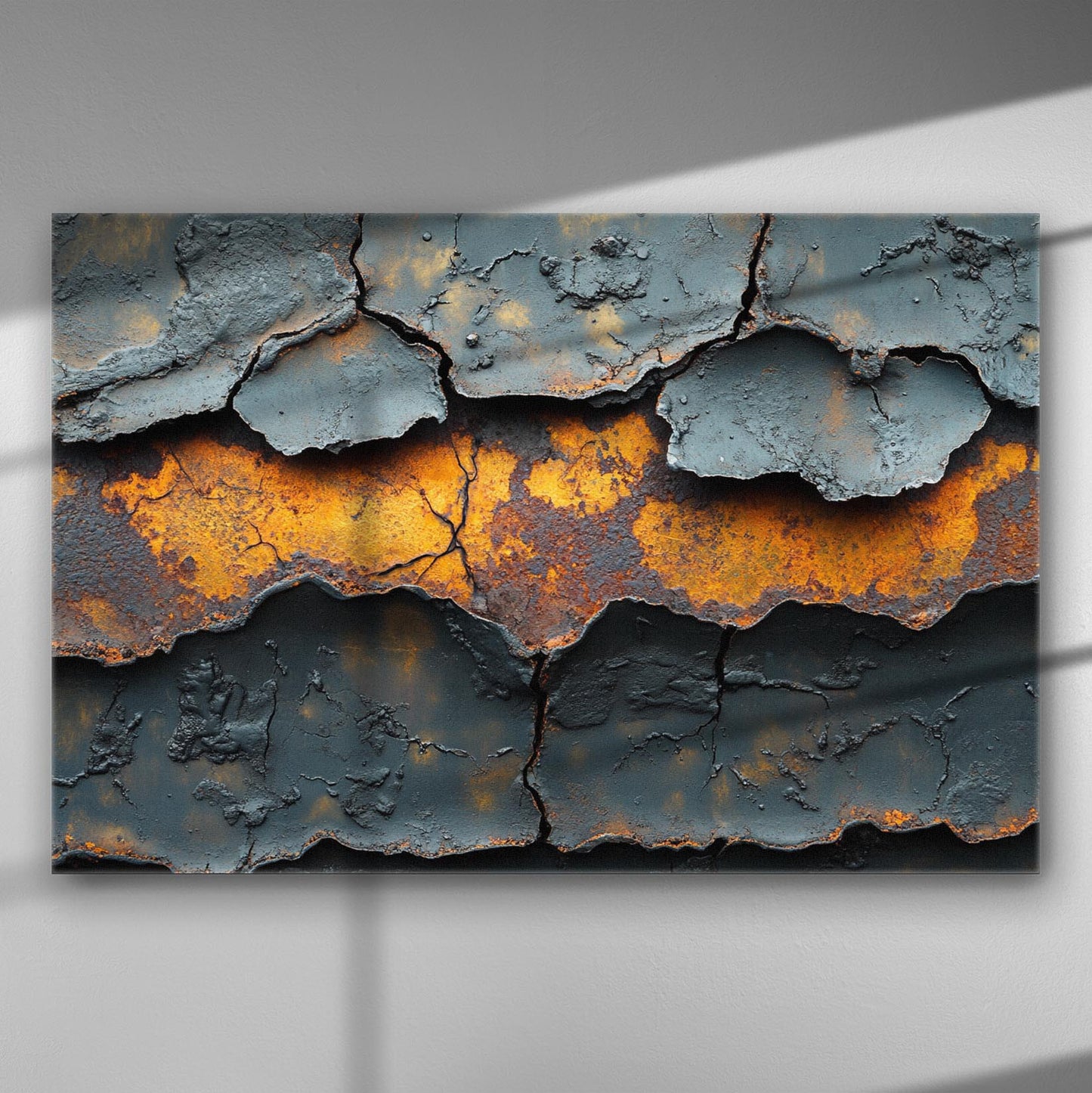 Close-up of cracked and rusted metal surface with grey and orange textures