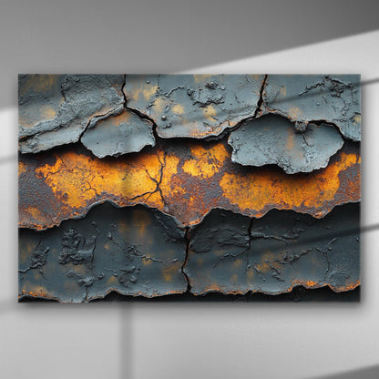 Close-up of cracked and rusted metal surface with grey and orange textures