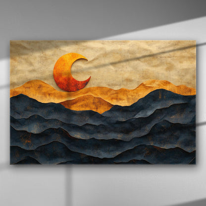 Canvas art with an abstract landscape of mountains and a setting sun.