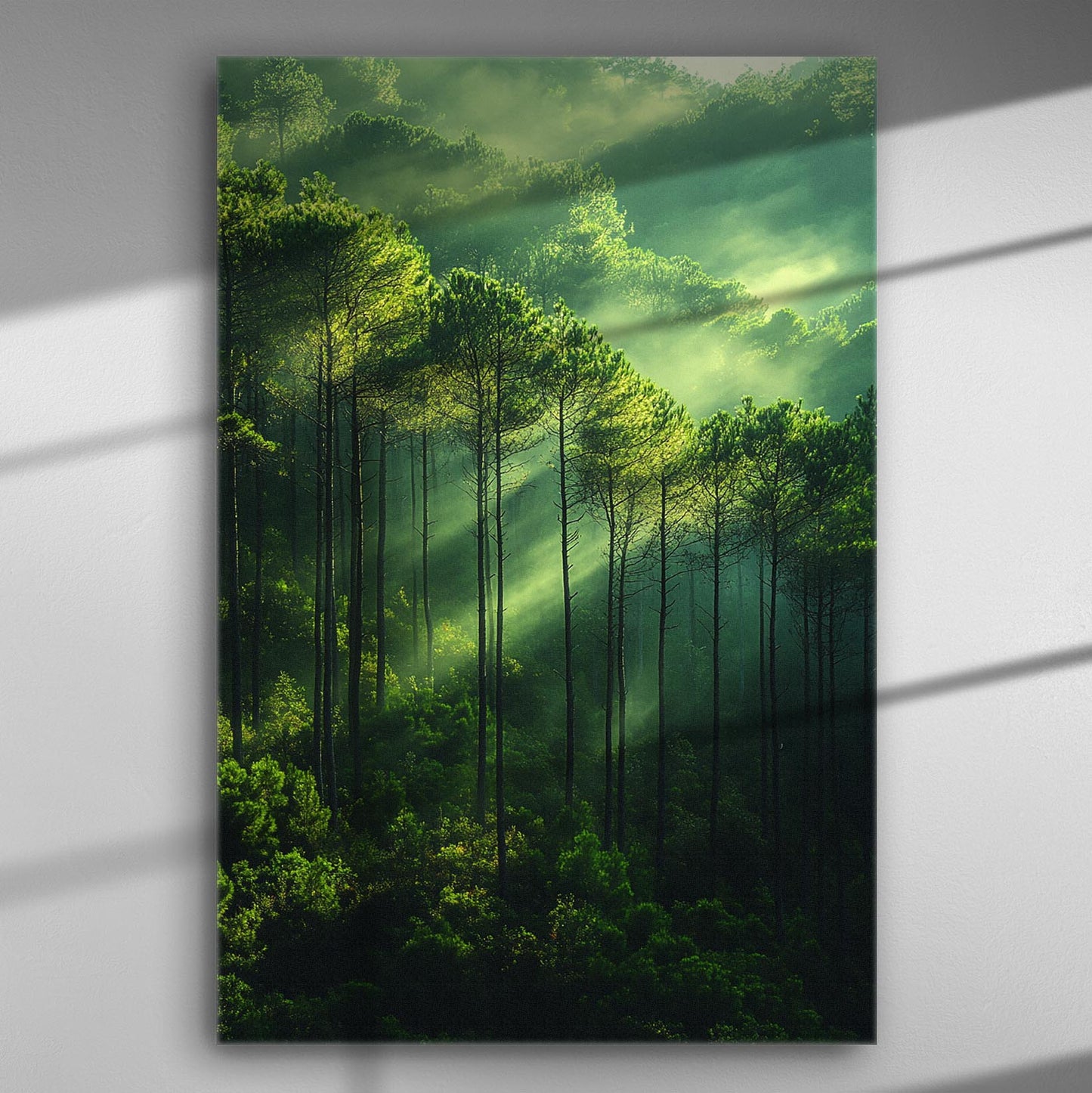 Enchanting forest with sunlight streaming through the trees in the morning.