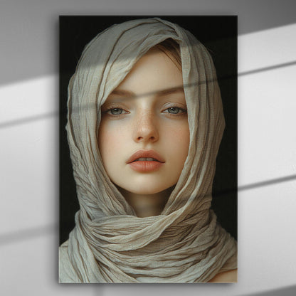Portrait of a serene young woman with a scarf in a canvas print