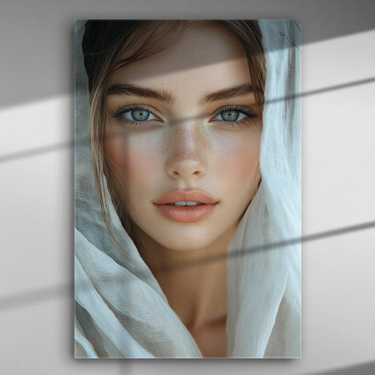 Portrait of a woman with light fabric draped over her head.