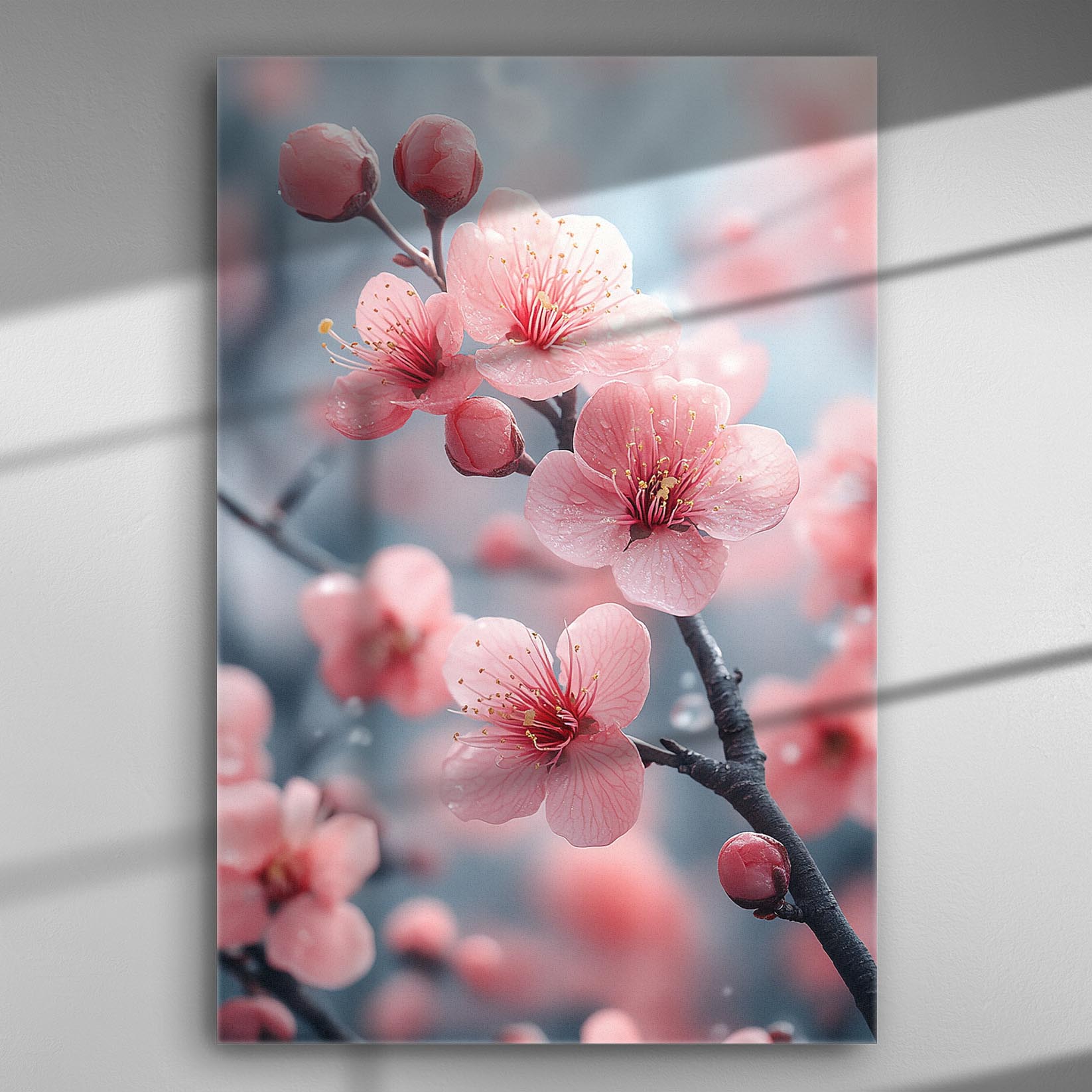 Canvas print with cherry blossoms in soft pink and blue hues, creating a serene and calming atmosphere.