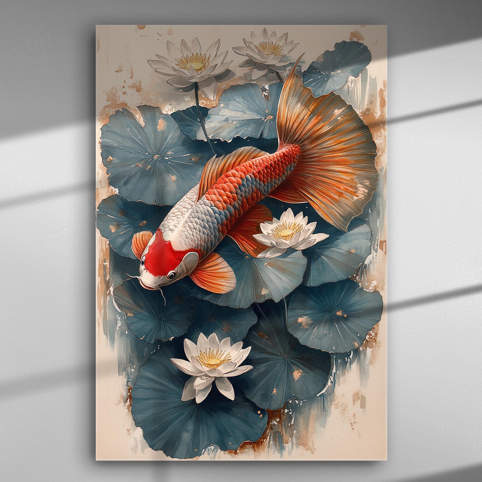 Canvas print of a koi fish surrounded by water lilies with vibrant red and blue tones.