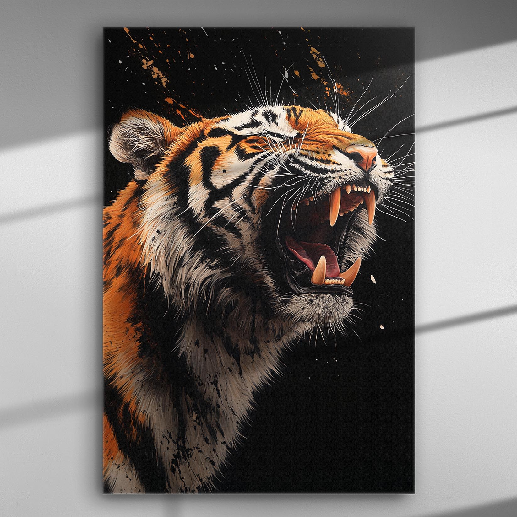 Roaring tiger on canvas, showcasing power and intensity with bold colors.