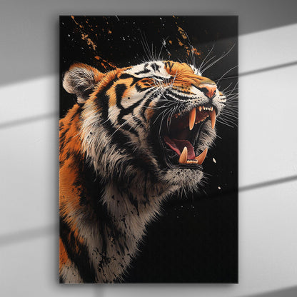 Roaring tiger on canvas, showcasing power and intensity with bold colors.