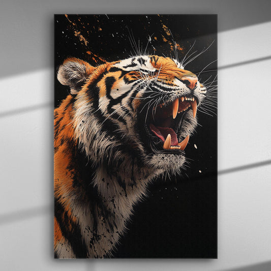 Roaring tiger on canvas, showcasing power and intensity with bold colors.