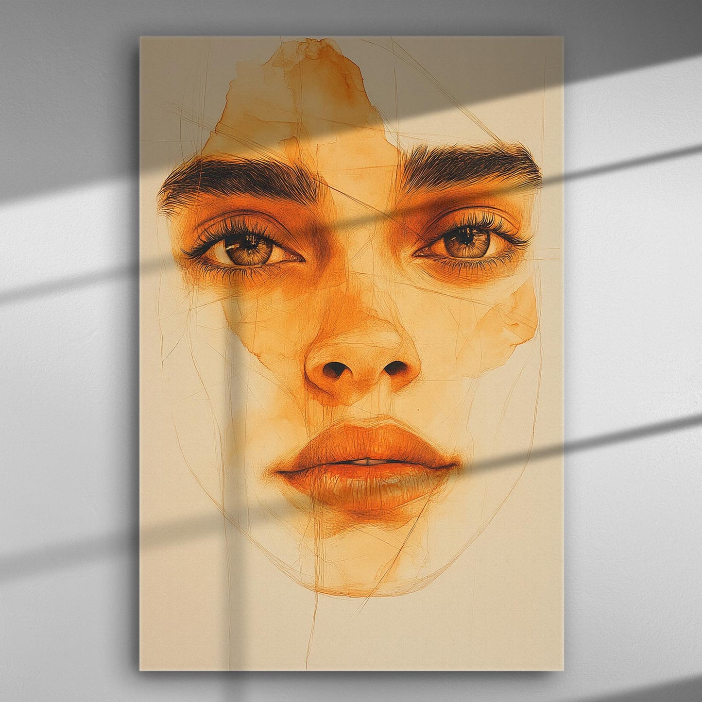 Close-up of a woman's face with expressive eyes on a canvas painting.