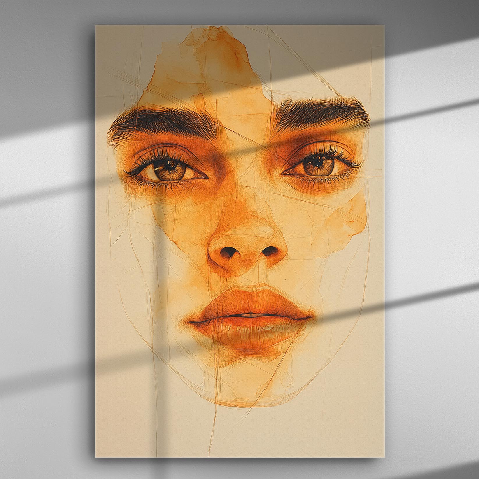 Close-up of a woman's face with expressive eyes on a canvas painting.