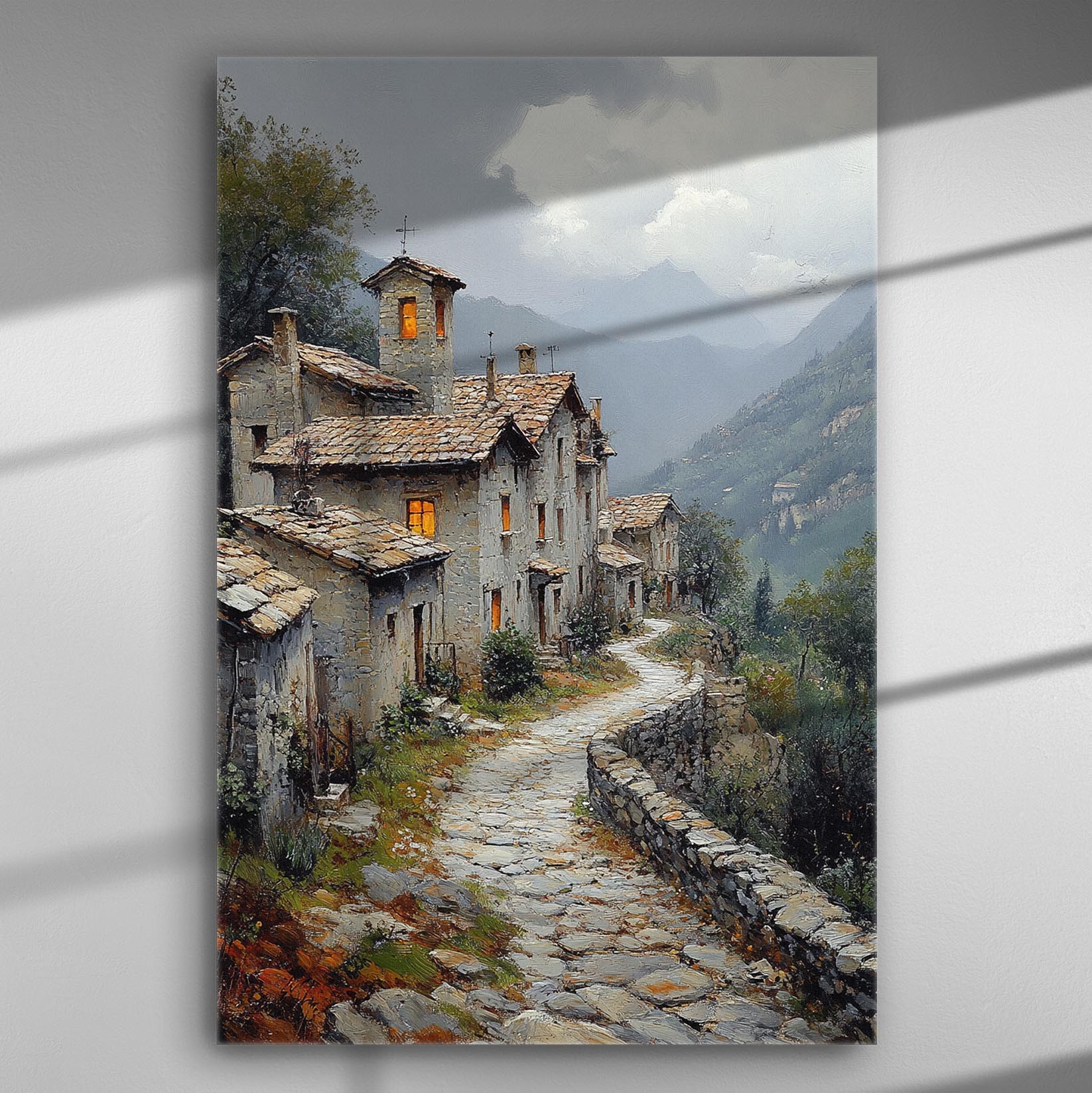 Canvas print of a charming village at dusk with cobblestone street and glowing windows.