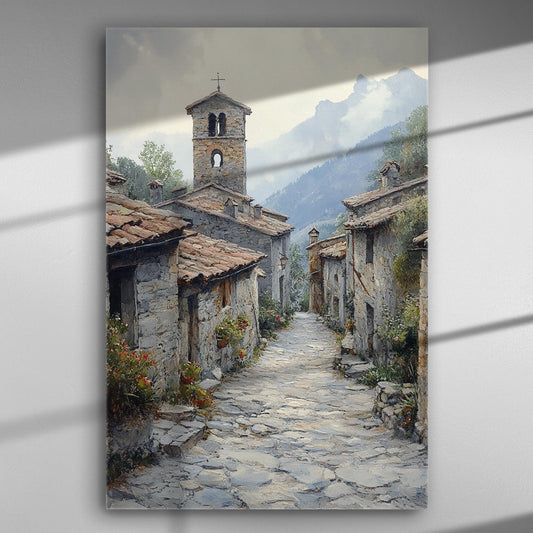 Canvas print of a picturesque village with stone houses and a church bell tower.