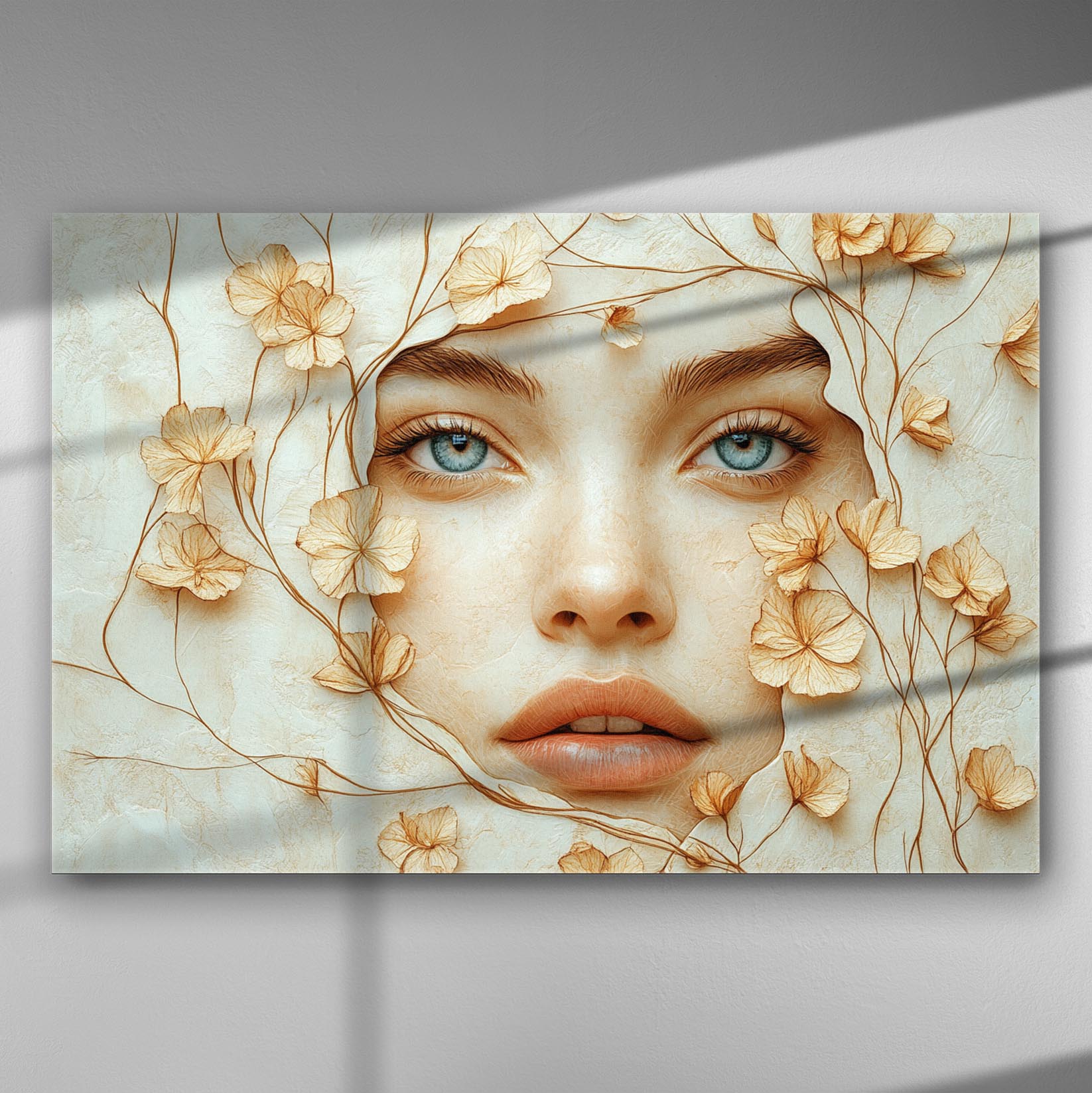 A close-up image of a woman's serene face surrounded by delicate golden flowers on a canvas.