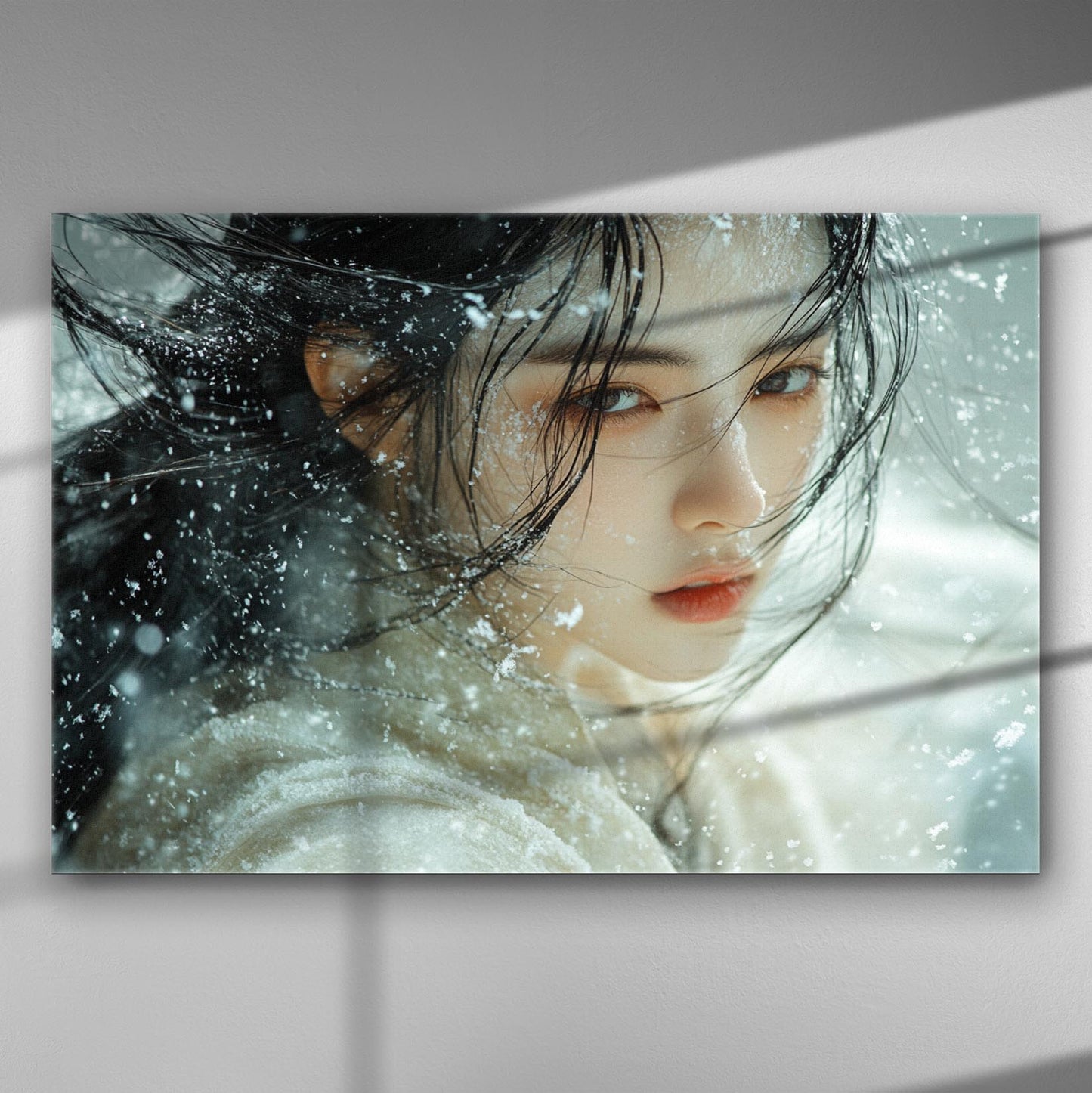 Portrait of a woman with winter elements and snowflakes on canvas.