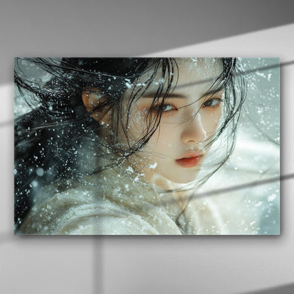 Portrait of a woman with winter elements and snowflakes on canvas.