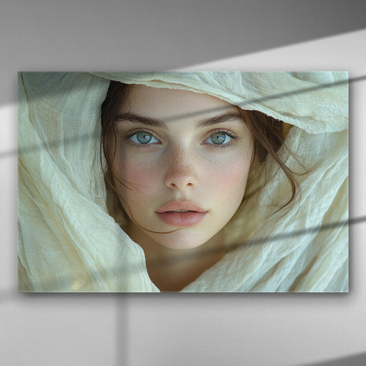 Portrait of a woman shrouded in fabric with serene expression on a canvas print.