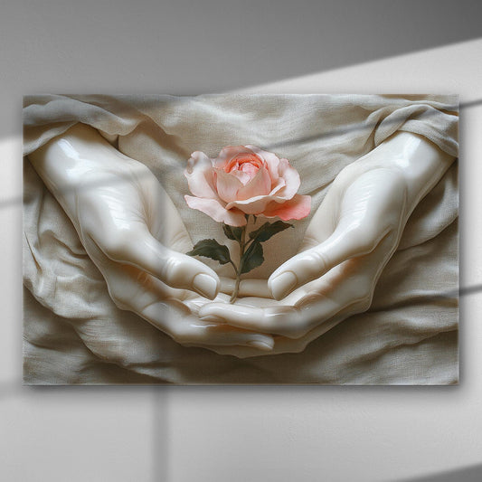 Canvas print of hands gently holding a single pink rose, conveying tranquility and elegance.