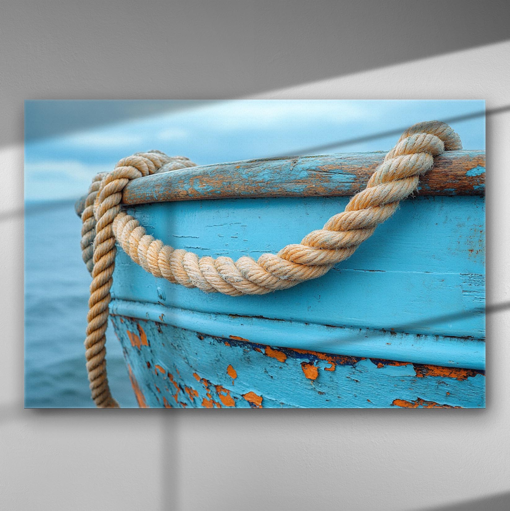 Close-up of an old blue boat with rope wrapped around it, showing its weathered texture.