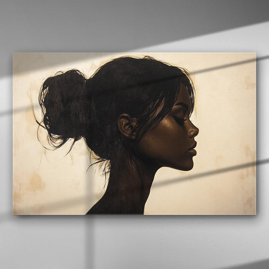Profile silhouette of a woman painted on canvas with a minimalist, elegant aesthetic.