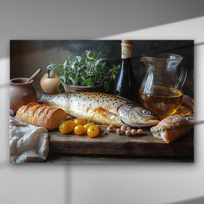 Still life with fish, bread, herbs, and vegetables on a table for a canvas print.