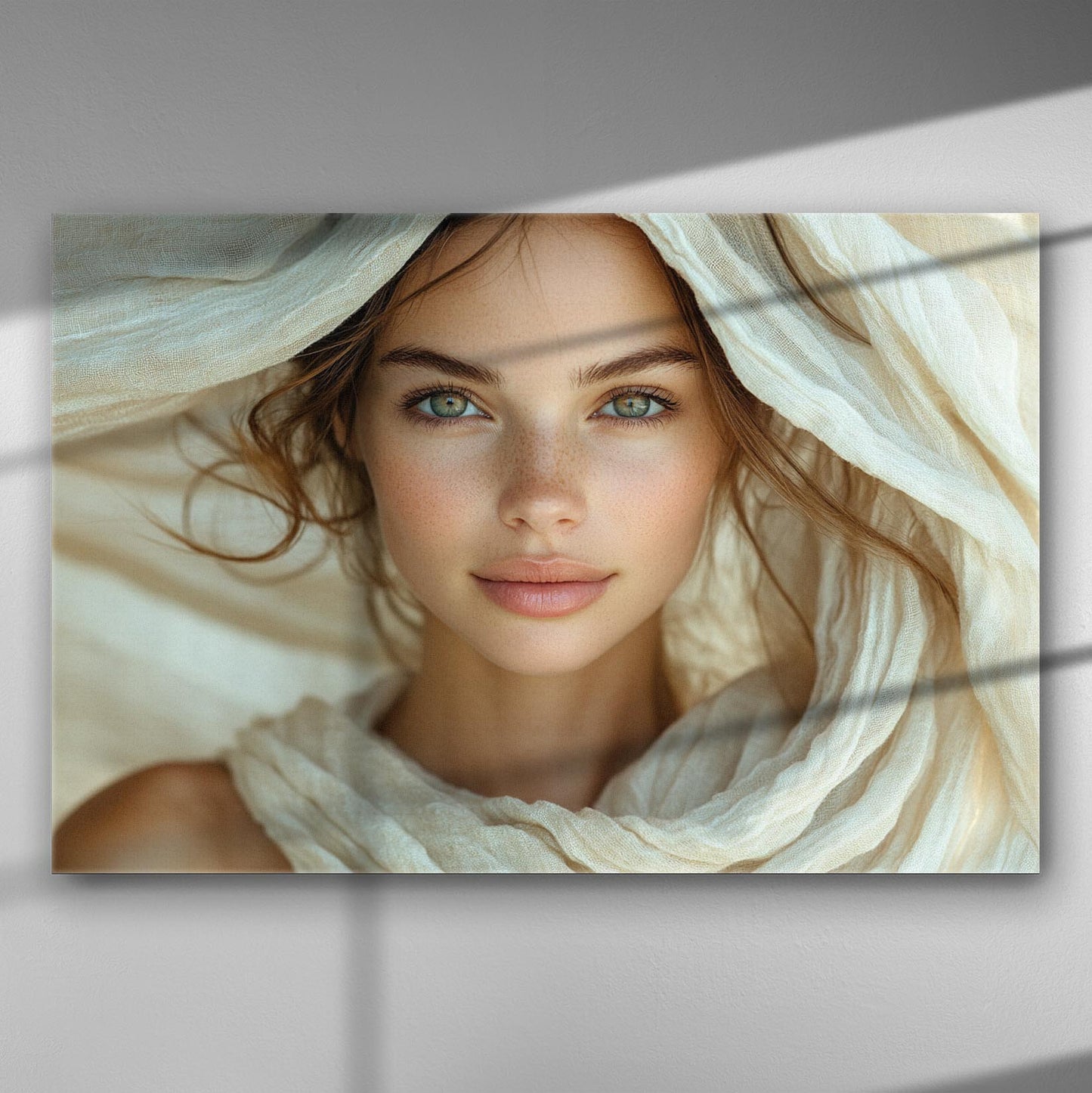 A portrait of a young woman with ethereal features and soft fabric draped around her, creating a serene and harmonious impression.