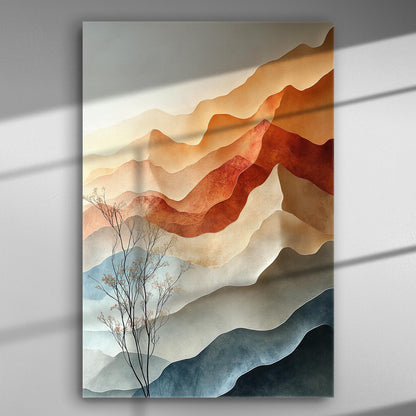 Abstract mountain landscape canvas print with earthy colors and a tree in the foreground.