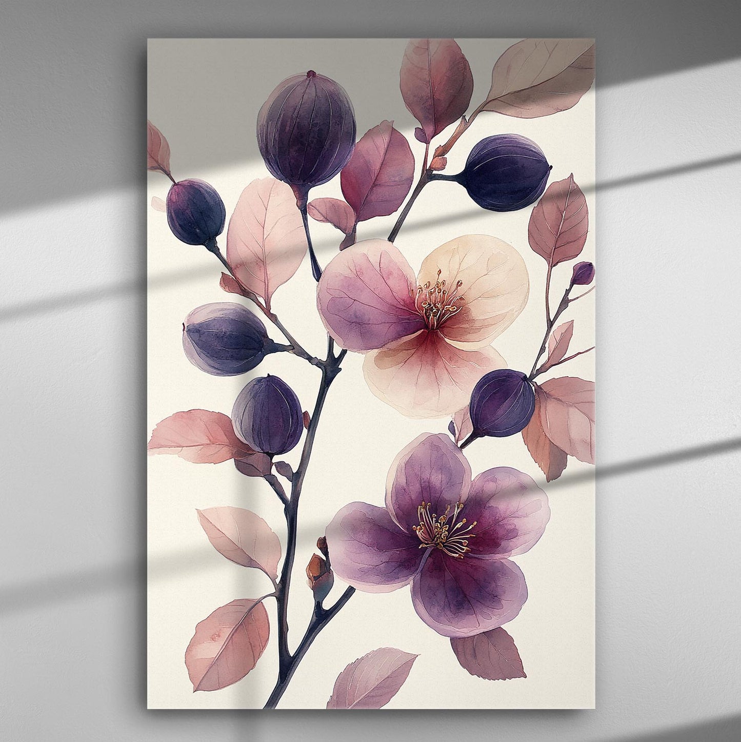 A canvas print of purple and pink flowers with delicate fig leaves.