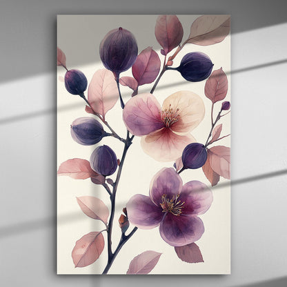 A canvas print of purple and pink flowers with delicate fig leaves.