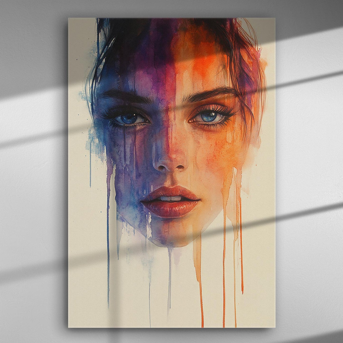 Vivid portrait of a woman's face with colorful abstract drips on canvas.