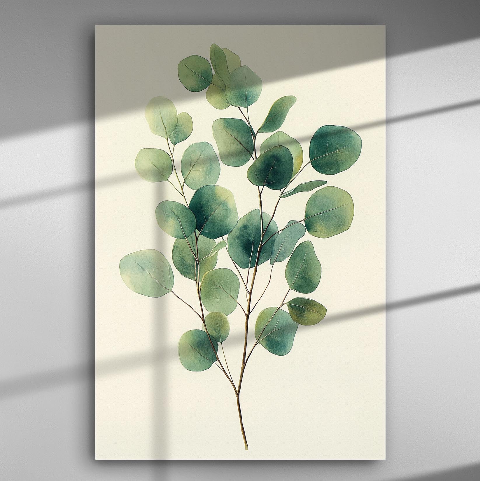 Canvas print featuring a detailed eucalyptus branch in soft, abstract style.