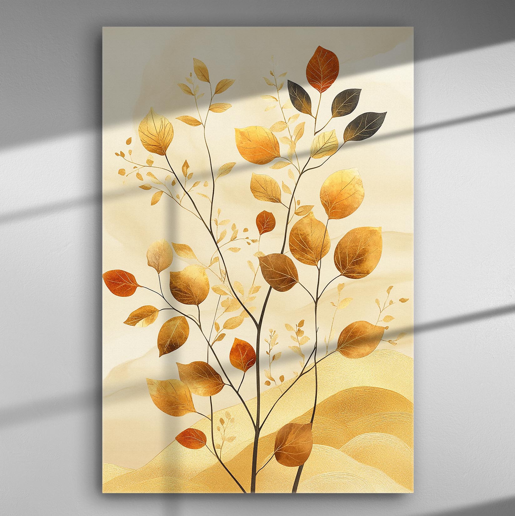 Canvas art print featuring autumn leaves in golden and brown hues on a light background.