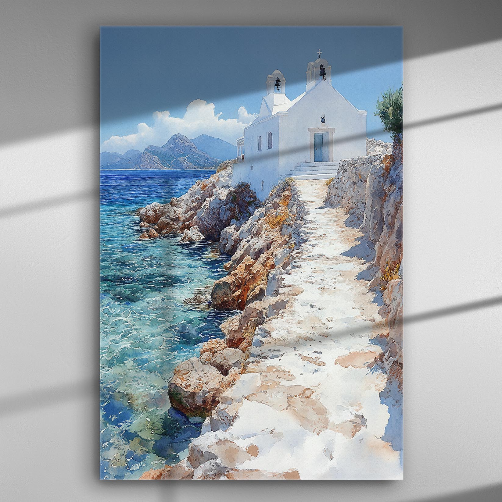 Aegean coastal church canvas print with blue sea and rocky path