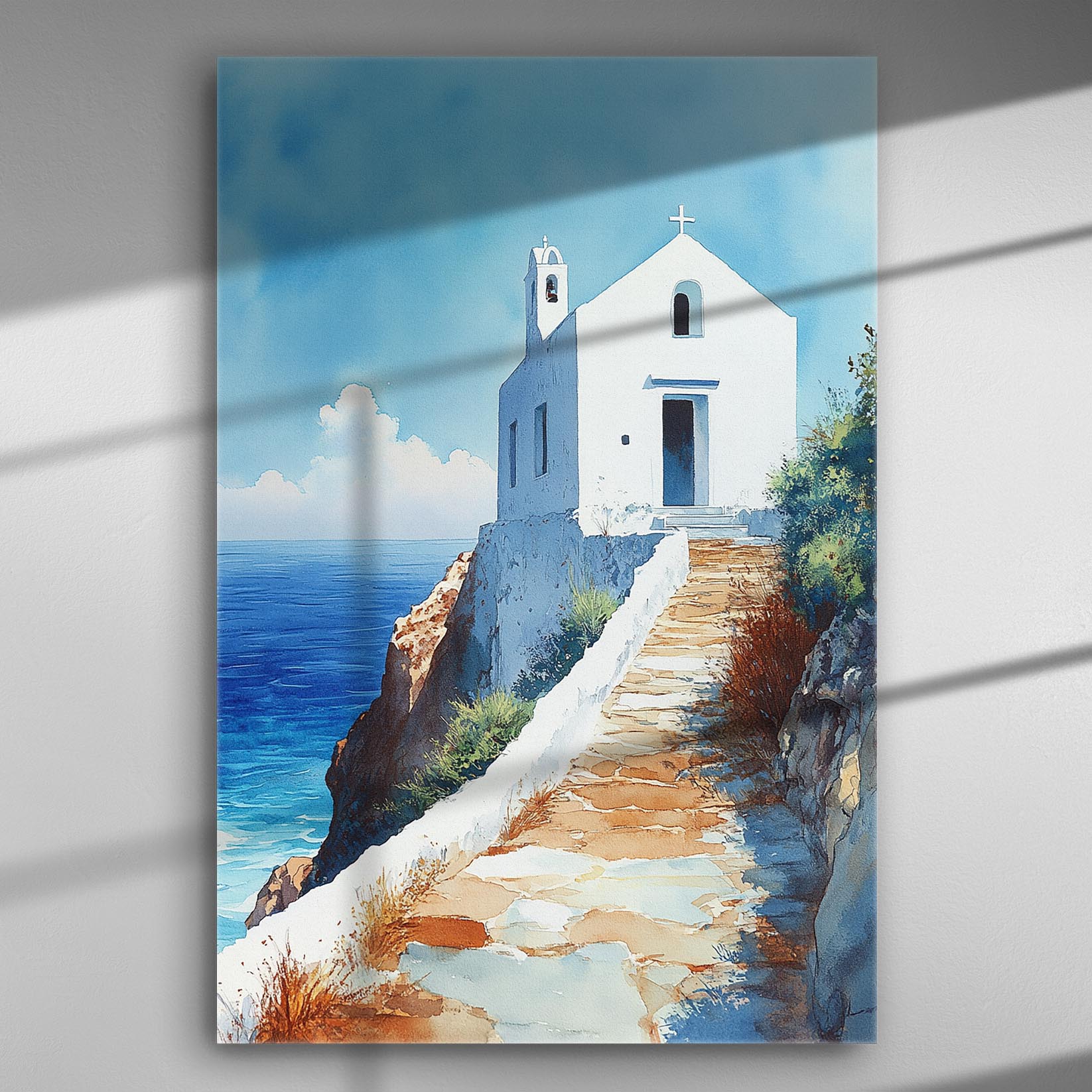 Aegean landscape with white chapel by the sea on canvas.