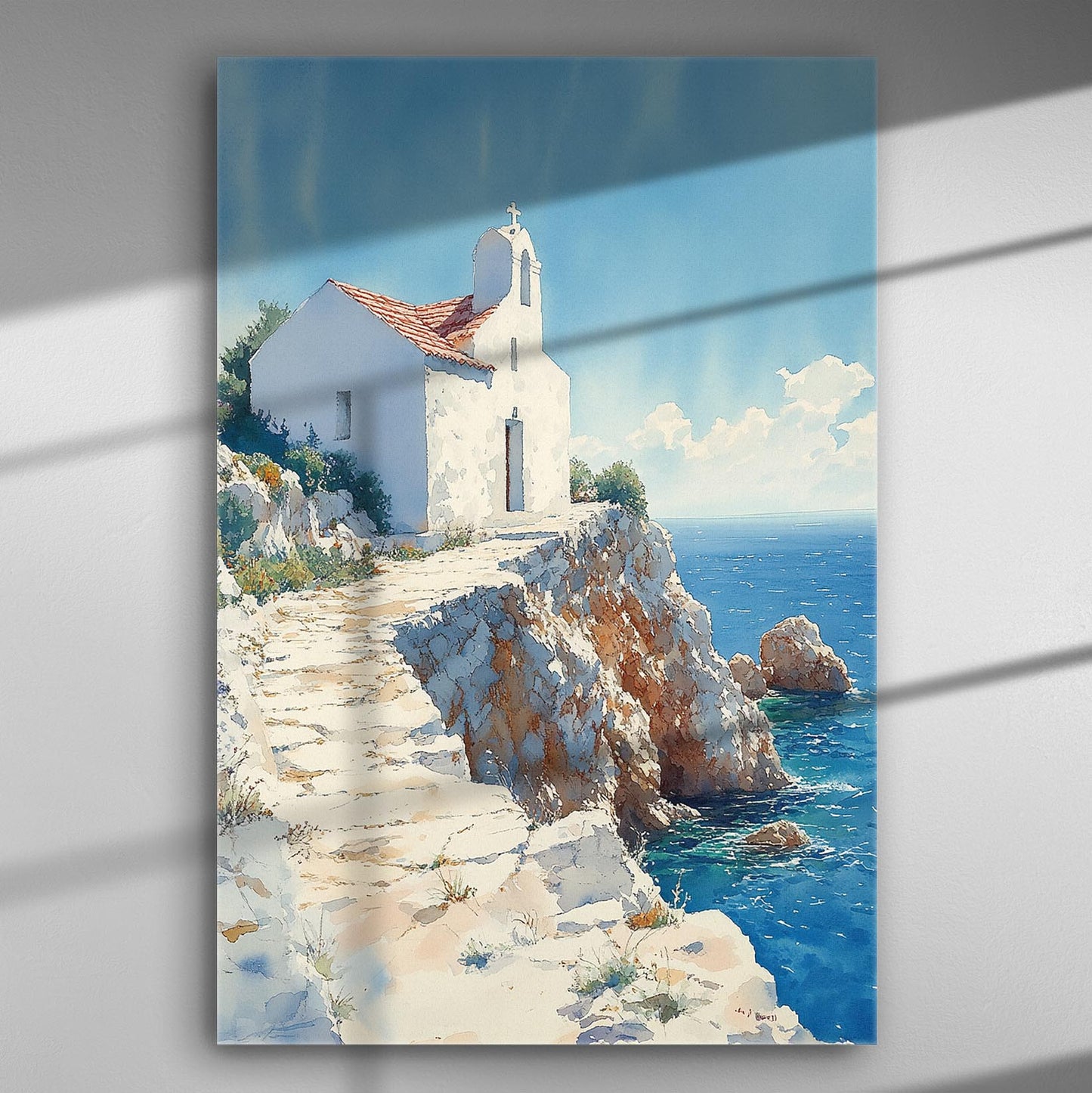 Canvas print of a serene chapel on a cliff with a blue sky and sea in the background.