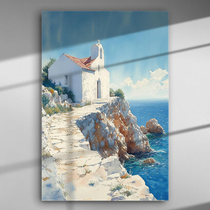 Canvas print of a serene chapel on a cliff with a blue sky and sea in the background.