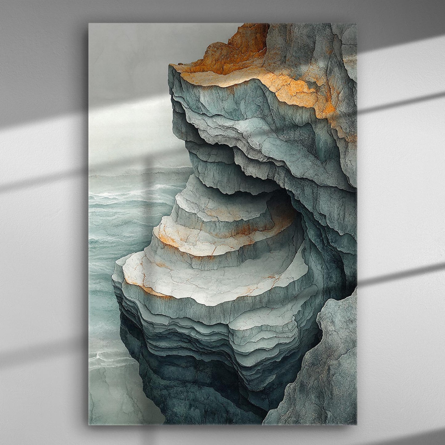 A digital painting of layered rock formations in shades of grey and blue with orange accents.