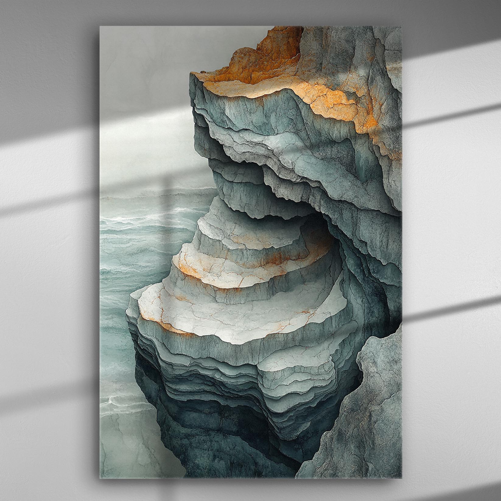 A digital painting of layered rock formations in shades of grey and blue with orange accents.