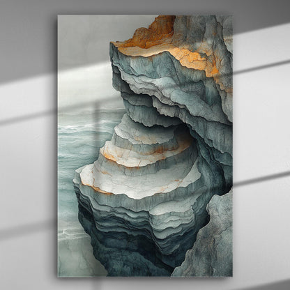 A digital painting of layered rock formations in shades of grey and blue with orange accents.