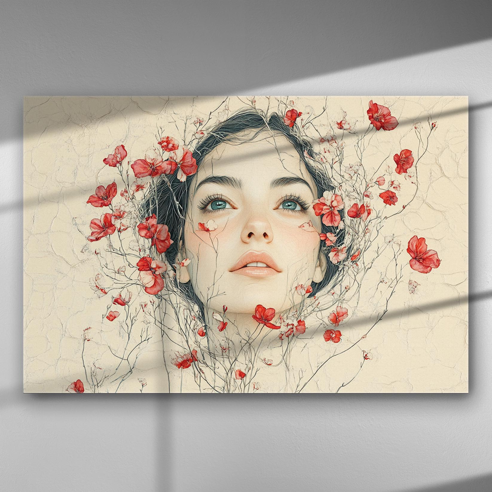 A canvas print of a delicate face surrounded by red flowers, blending mystery and serenity.