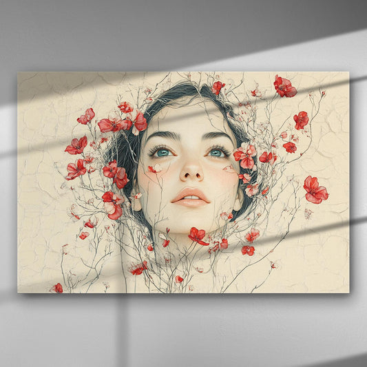 A canvas print of a delicate face surrounded by red flowers, blending mystery and serenity.