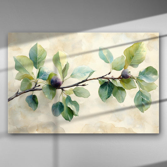 Watercolor painting of a branch with green leaves and fruits on a canvas.