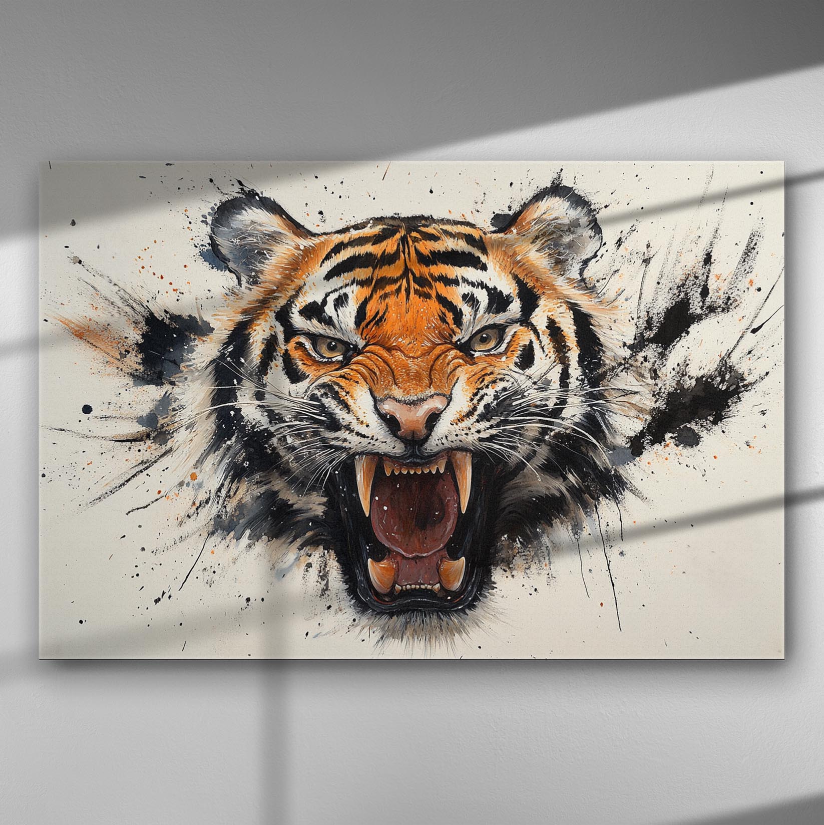 Fierce tiger roaring with artistic paint splashes on canvas.