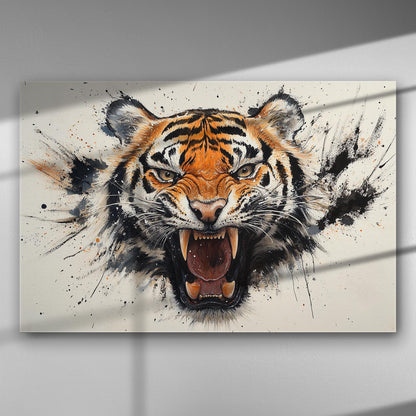 Fierce tiger roaring with artistic paint splashes on canvas.