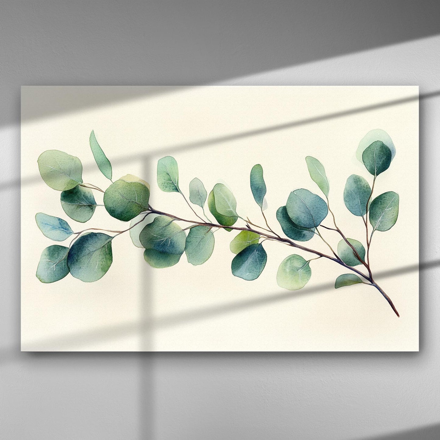 Canvas print of eucalyptus leaves, featuring green and blue tones with a soft background.