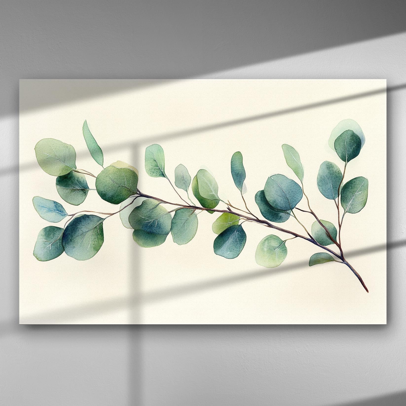Canvas print of eucalyptus leaves, featuring green and blue tones with a soft background.