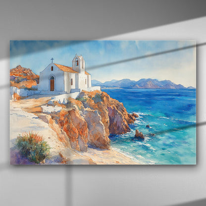 Canvas print of a church on a cliff with a sea view, showcasing vibrant colors of the Greek landscape.