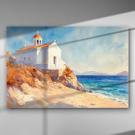 Canvas print featuring a white church by the sea, with a blue sky and ocean.